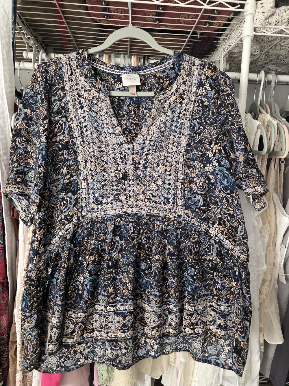 Knox Rose Navy Floral Boho Lace-Trim Tunic